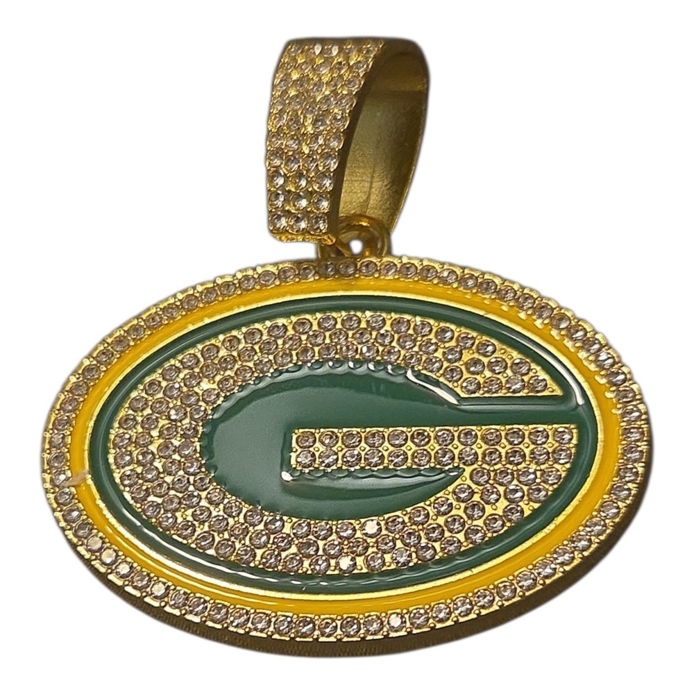 Green Bay Packers NFL Football Pendant Gold Tone Rhinestone Enamel Logo Pendant